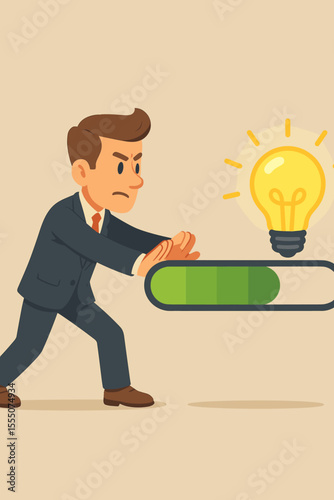 Businessman pushing a green loading bar toward a glowing light bulb. Metaphor for innovation, creativity, and idea development. Business concept of progress, effort, and determination.
