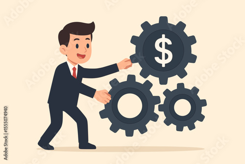 Businessman operating a financial gear system. Concept of making money, business process, and economic mechanism. Corporate strategy for profit, investment, success, and wealth.