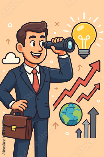 Concept of business vision. Businessman with telescope seeking new opportunities, ideas, and innovative solutions for success. Global market growth, strategy, and forecast metaphor.