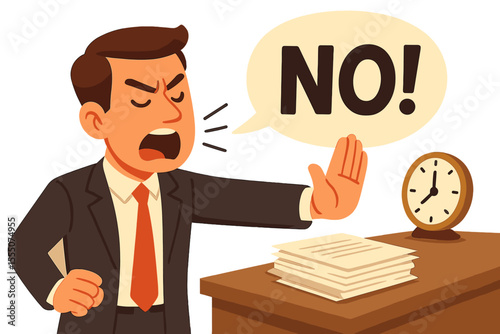 Businessman Saying No with Hand Gesture Refusing Extra Work, Time Management, Assertiveness, Setting Boundaries, Office Desk, Clock, Paperwork, Professional Workplace Vector Illustration