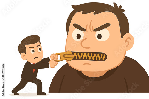 Censorship concept with businessman zipping giant's mouth shut. Metaphor for silencing dissent, oppression, and control. Keep quiet, secret, confidential. Freedom of speech suppression.
