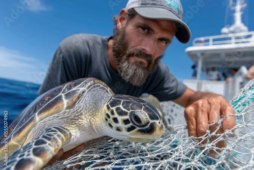Rescue mission at sea as a man helps rehabilitate a stranded sea turtle