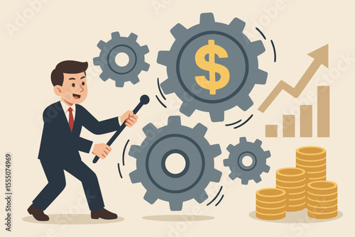 Businessman managing financial mechanism. Man with lever operates gear system for profit growth. Metaphor for business strategy, economic engine, investment and wealth creation.