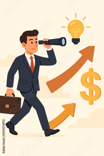 Businessman with telescope seeking new opportunities and innovative solutions for success. Business vision metaphor for financial growth, future forecast, and career development.