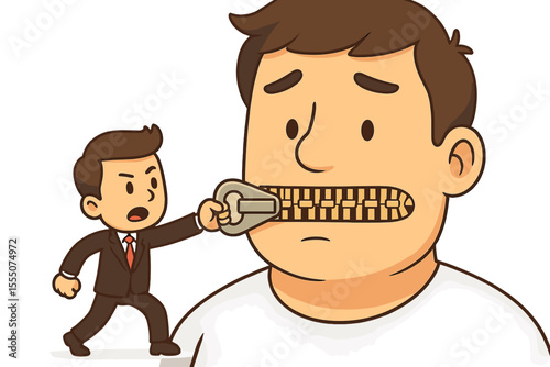 Businessman zipping a man's mouth shut. Metaphor for censorship, control and oppression. Concept of silencing freedom of speech, whistleblowers and keeping secrets quiet. Muzzled.