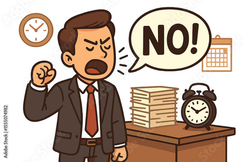 Stressed businessman shouting NO in speech bubble, refusing extra work, time management, assertiveness, workplace boundaries, cartoon vector, office overload, professional stress illustration