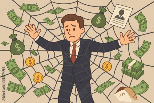 Businessman trapped in a web of illegal money laundering. Metaphor for debt, financial crime, and corruption schemes. Man caught in a fraud trap. Concept of business risk and crisis.