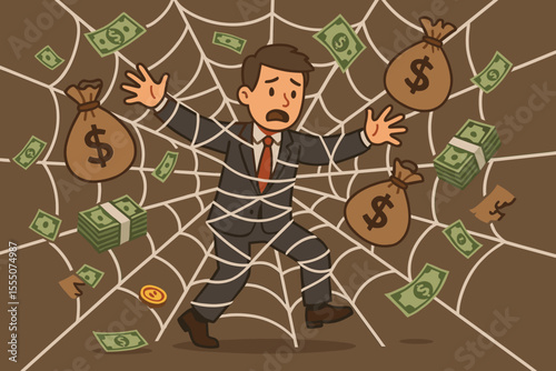 Businessman trapped in a spider web with money. Concept of financial crime, illegal money laundering, corruption, debt trap, greed, and risk. Vector cartoon metaphor illustration.