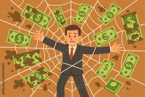 Corrupt businessman trapped in a web of illegal money laundering schemes. Financial crime concept with dirty money. Metaphor for fraud, bribery, tax evasion, and financial crisis.
