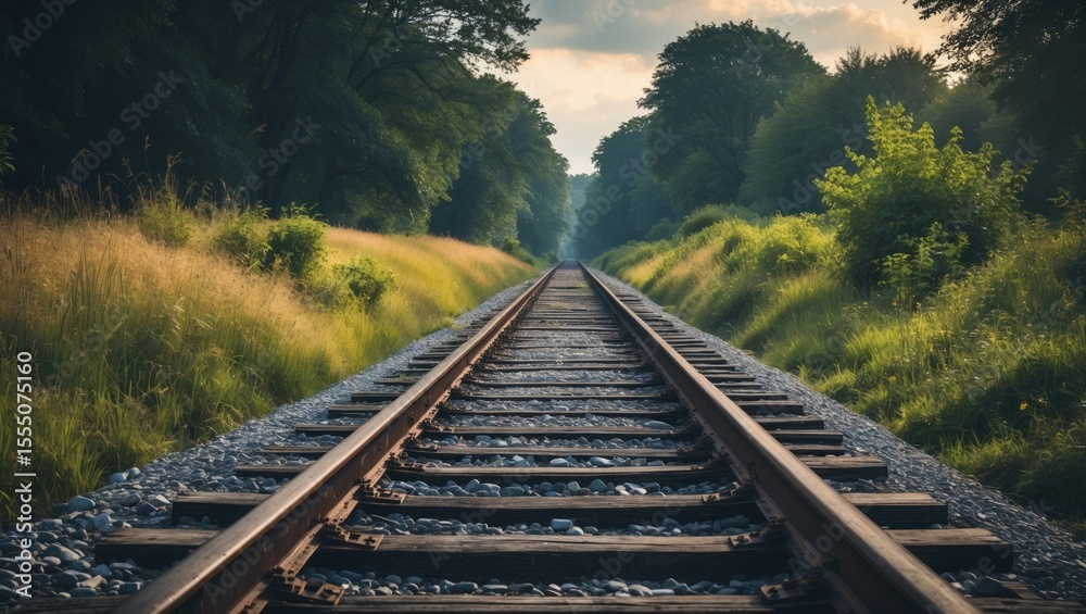 Fototapeta premium A railway track surrounded by greenery and trees on both sides, extending into the distance under a partly cloudy sky.