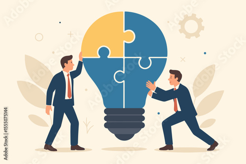 Business teamwork collaboration concept. Two businessmen assembling light bulb puzzle. Creative idea innovation, partnership, problem solving, brainstorming, cooperation. Vector illustration.