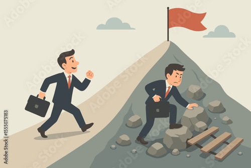Businessmen Competing on Different Paths to Success, Easy Shortcut Versus Hard Work and Obstacles, Career Ambition, Achievement, Challenge, Motivation, Mountain Climbing, Vector Illustration