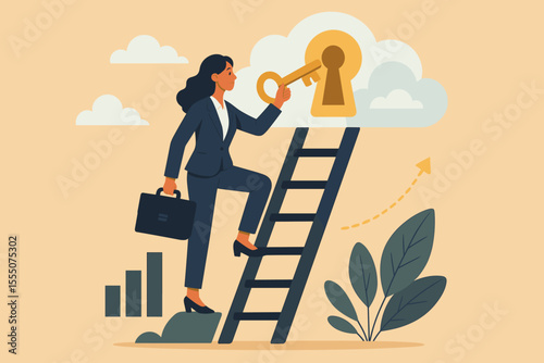Ambitious businesswoman climbing corporate ladder unlocking career success with key, professional growth, leadership, opportunity, achievement, advancement, motivation, vector illustration