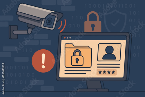 Surveillance camera monitoring personal data privacy breach. Cybersecurity risk, digital information protection, identity theft alert, password security, online data safety vector illustration