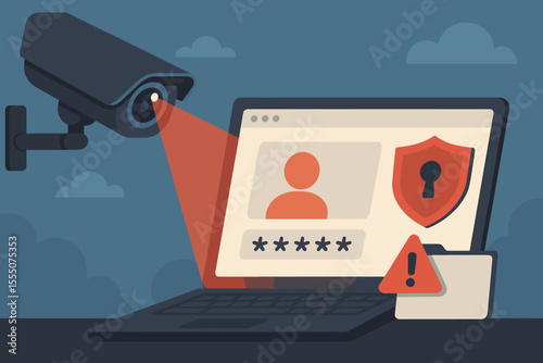 Surveillance camera spying on personal data, cybersecurity breach, privacy invasion, password theft, digital security risk, online identity protection, warning alert, vector illustration