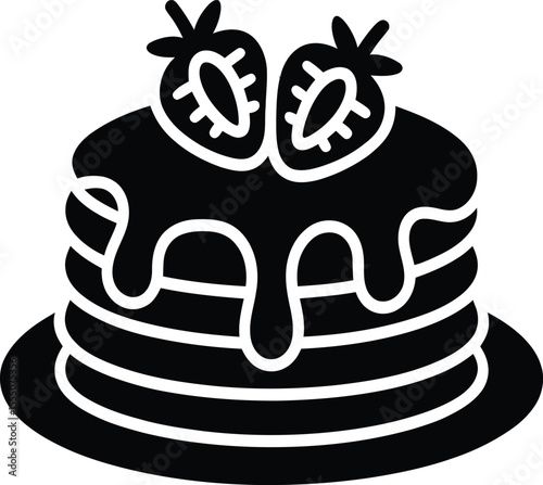 Delicious pancakes with strawberry topping and syrup a simple black and white vector illustration for breakfast menus or