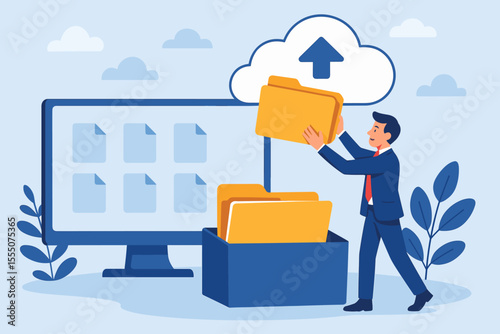 Businessman Uploading Folder to Cloud Storage, Digital File Management System, Data Backup, Online Document Organization, Cloud Computing Service, Office Workflow, Vector Illustration