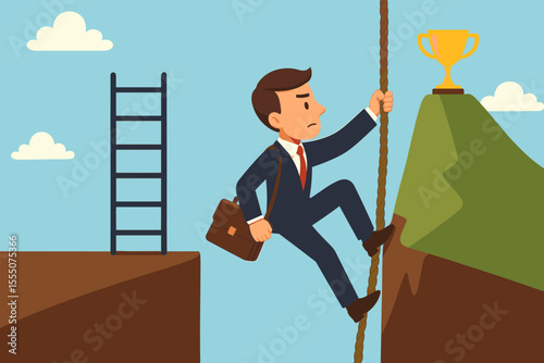 Businessman Climbing Rope Over Gap Toward Trophy, Success and Achievement Metaphor, Overcoming Challenges, Career Growth, Hard Versus Easy Path, Ambition, Motivation, Vector Illustration