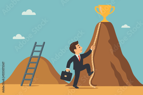Businessman Climbing Rope to Trophy on Mountain Peak, Overcoming Challenges, Success Achievement Metaphor, Career Growth, Ambition, Difficult Path Versus Easy Ladder, Vector Illustration