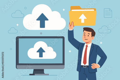 Businessman Uploading Folder to Cloud Storage Service, Digital File Management, Data Backup, Online Document Sharing, Cloud Computing Technology, Secure Business Data Transfer Concept