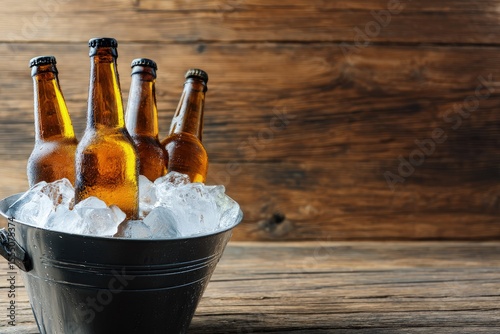 Cold amber beer bottles in a black metal bucket packed with ice on rustic wood, ideal for summer parties, bar menus, drink ads, and seasonal beverage promotions