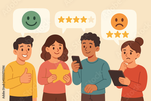 Diverse group of people giving feedback, rating satisfaction, leaving reviews, customer experience evaluation, positive and negative star ratings, service quality assessment, cartoon vector