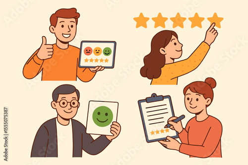 Customer feedback rating satisfaction review concept. Cartoon people giving feedback, leaving reviews, evaluating service quality. Five star rating, smiley face, survey, opinion vector illustration