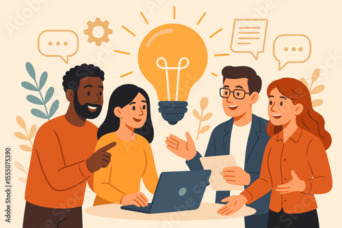 Diverse business team brainstorming, sharing creative ideas, teamwork collaboration, group discussion, innovation, knowledge exchange, office meeting, light bulb concept, cartoon vector illustration