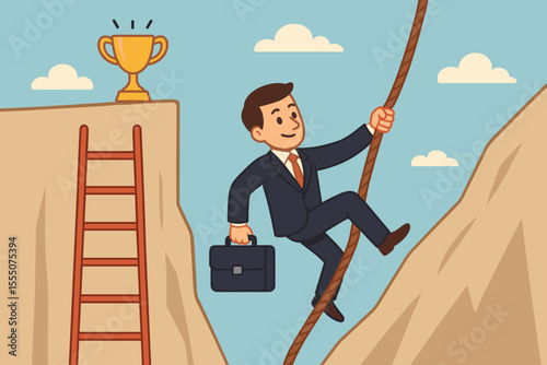 Businessman Climbing Rope Over Gap Toward Trophy Success, Choosing Challenging Path Over Easy Ladder, Career Ambition, Overcoming Obstacles, Achievement Metaphor, Vector Cartoon Illustration