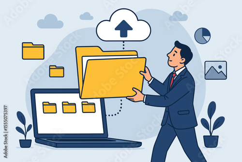 Businessman Uploading Folder to Cloud Storage, Digital File Management, Data Backup, Online Document Organization, Modern Technology, Cloud Computing, Office Workflow Vector Illustration