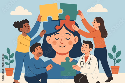 Collaborative Mental Health Support Concept. Diverse Teamwork Assembling Puzzle Pieces for Psychological Wellbeing. Therapy, Counseling, Community Care. Doctor, Family, Friends Helping Mind Recovery