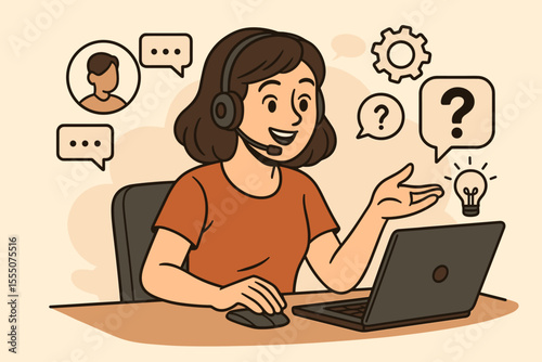 Customer Support Representative Online Help Desk Service, Problem Solving, Technical Assistance, Communication, Headset Operator, Consulting, FAQ, Client Support, Vector Cartoon Illustration