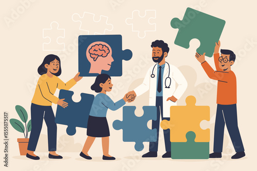 Collaborative Mental Health Support Concept. Diverse People and Doctor Assembling Puzzle Pieces. Brain Symbol. Teamwork in Therapy, Counseling, Psychological Care. Vector Illustration for Healthcare