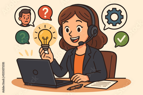 Friendly customer support representative cartoon illustration. Online help desk agent with headset solving problems, answering questions, providing technical assistance and solutions at computer.