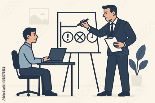 Business meeting manager explaining company policies to employee, workplace regulations and expectations, office training, leadership, teamwork, rules presentation, vector illustration
