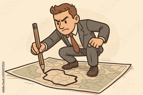 Ambitious businessman drawing business territory on map with pencil, leadership vision, strategic planning, entrepreneurship concept, cartoon vector illustration, creative business metaphor