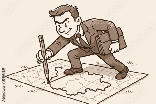 Ambitious businessman drawing business territory on map with pencil, planning strategy, expansion concept, sketch style vector illustration, entrepreneurship, leadership, market development