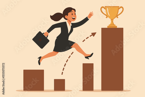 Ambitious Businesswoman Jumping Over Bar Graph Reaching Trophy Success, Career Growth, Achievement, Leadership, Motivation, Female Professional Climbing Corporate Ladder, Vector Illustration