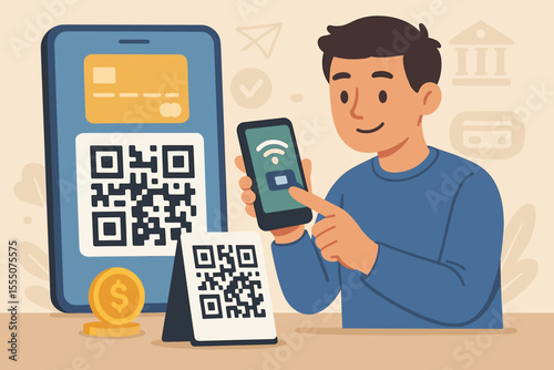 Mobile payment technology concept. Man making cashless transaction with smartphone using QR code. Digital banking, wireless money transfer, contactless finance, online wallet vector illustration