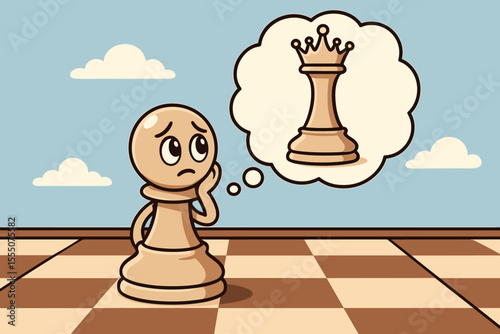 Ambitious Chess Pawn Dreaming of Becoming Queen Cartoon Vector Illustration. Motivation, Aspiration, Success, Growth, Transformation, Strategy, Imagination, Self Improvement, Achievement Concept
