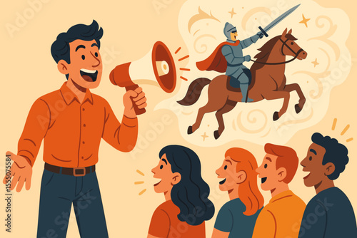 Dynamic Storyteller Engaging Audience with Powerful Narrative Using Megaphone, Creative Brand Promotion, Public Speaking, Communication, and Marketing Vector Cartoon Illustration