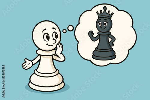 Ambitious Chess Pawn Dreaming of Becoming Queen Cartoon Vector Illustration. Motivation, Aspiration, Success Concept. Cute Character Imagination, Self Improvement, Growth, Transformation