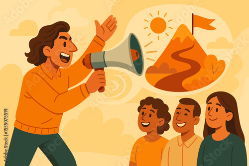 Motivational speaker inspiring diverse audience with megaphone, storytelling concept, leadership, communication, goal achievement, success journey, teamwork, vector illustration