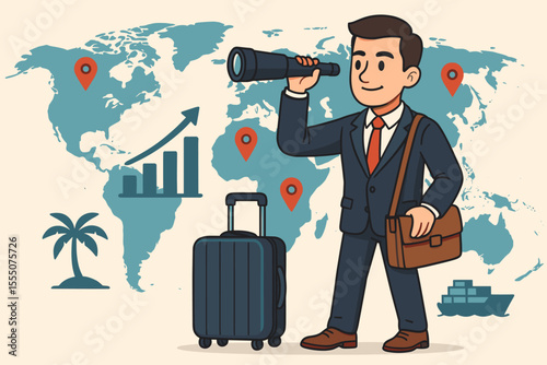 Businessman Exploring Global Market Expansion Opportunities. International Trade, Overseas Investment, Travel, Growth Strategy. Vector Illustration with Suitcase, World Map, Graph, Locations