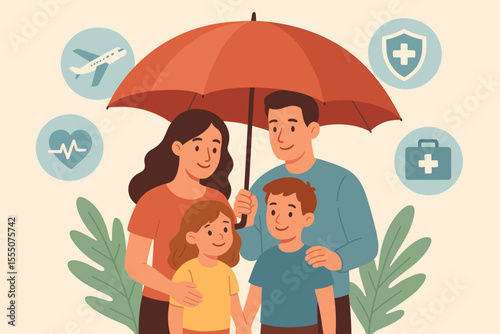 Family under umbrella symbolizing life insurance, health protection, travel safety, vacation security, healthcare services, medical coverage, wellness, risk management, cartoon vector illustration