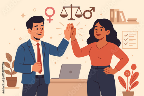 Gender equality in workplace, business man and woman high five, teamwork, diversity, inclusion, equal rights, office collaboration, leadership, empowerment, balance, vector illustration