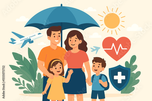 Happy family under umbrella symbolizing life insurance, health protection, travel safety, vacation security, healthcare services, medical coverage, wellness, shield, airplane, sun, cartoon vector
