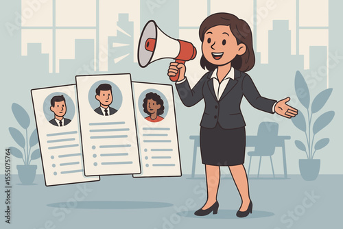 Businesswoman Announcing Job Vacancies with Megaphone, Recruitment and Hiring Process, Corporate HR Manager Promoting Open Positions, Candidate Resumes, Office Environment, Vector Illustration