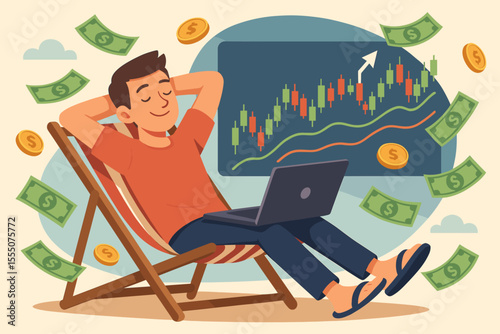 Relaxed Online Trader Earning Passive Income, Sitting on Deckchair with Laptop, Money Flying, Stock Market Candlestick Chart, Financial Freedom, Investment Success, Wealth Growth Concept Vector