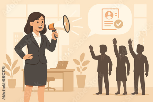 Female manager announcing job vacancies with megaphone in modern office, recruiting new employees, attracting talent, human resources, hiring process, corporate recruitment vector illustration